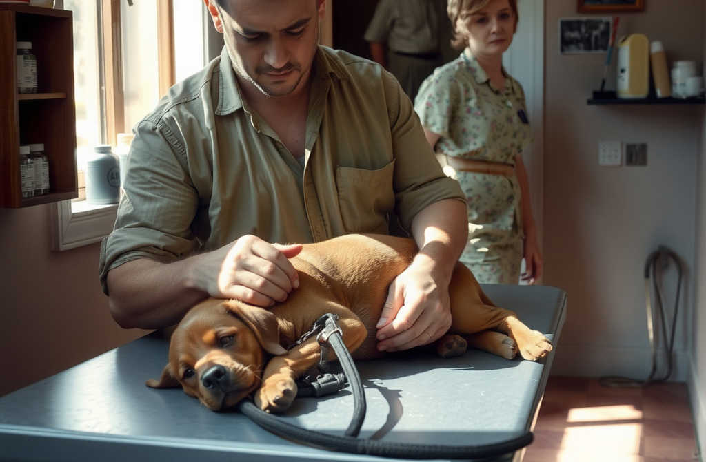 Spotting the dog lounging by the bench, he darts over—his eyes also land on the strap Natalie carelessly left behind.